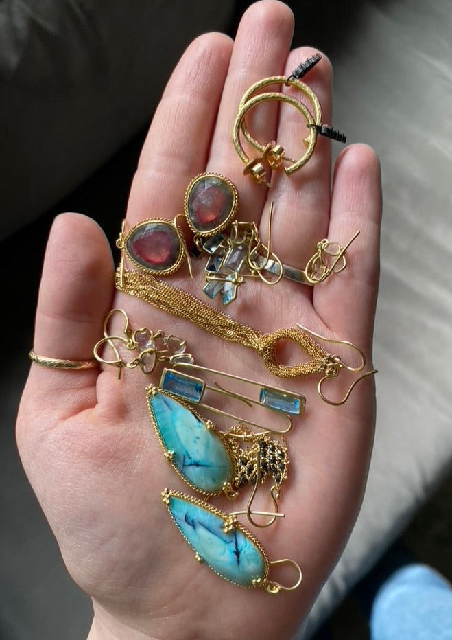 Inverted Teardrop Petrified Wood & Blue Opal Earrings