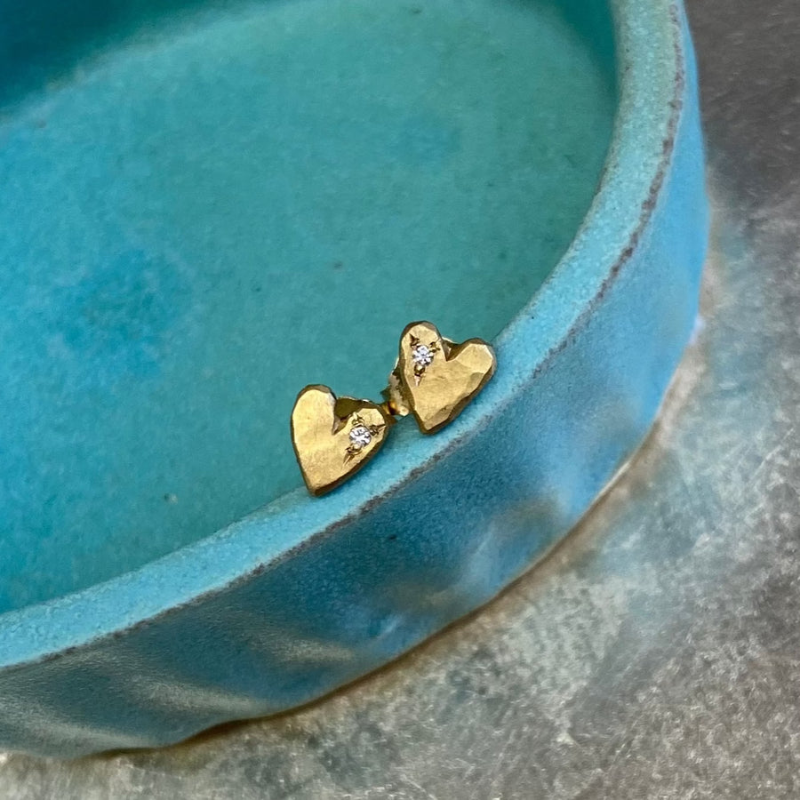 Annie Fensterstock Gold Heart Studs with Diamond Detail