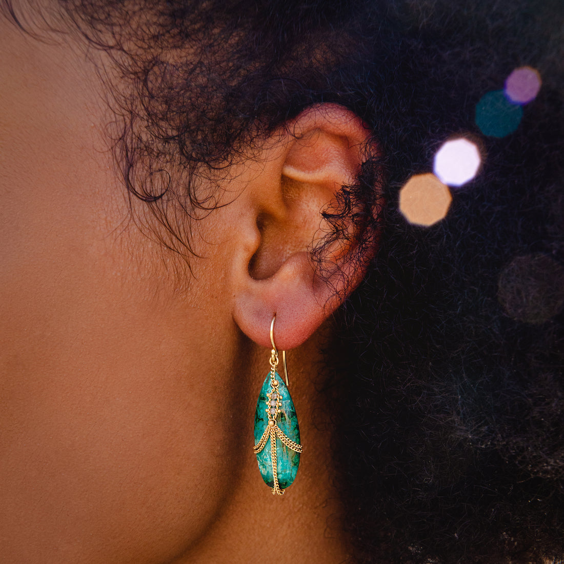 Amali Azurite Malachite Earrings Draped with Gold Chain & Silver Diamonds