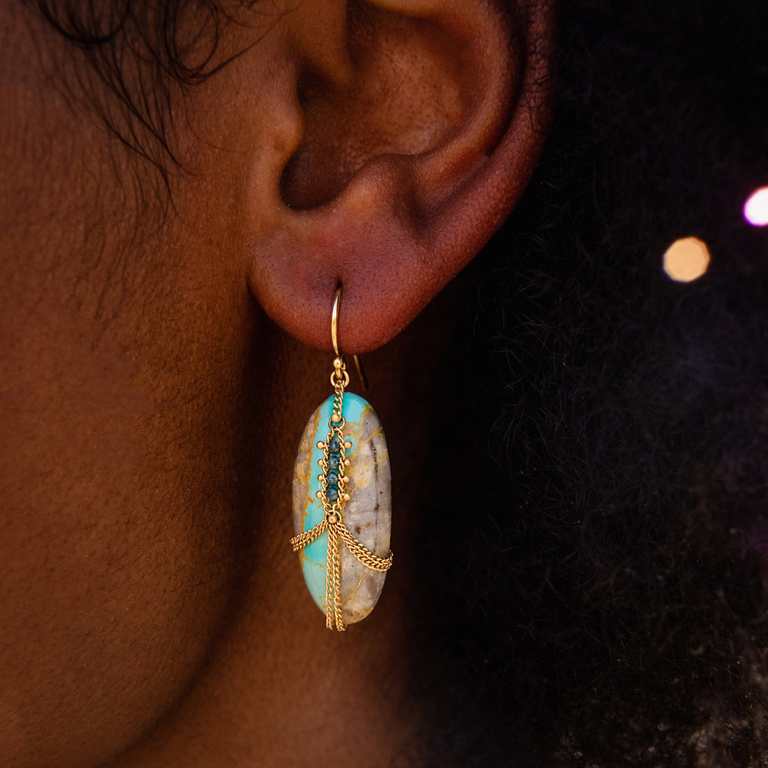 Amali Turquoise Earrings Draped with Gold Chain & Blue Diamonds