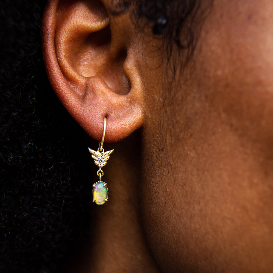 Annie Fensterstock Rose Cut Opal Earrings with Gold & Diamond "Wings"