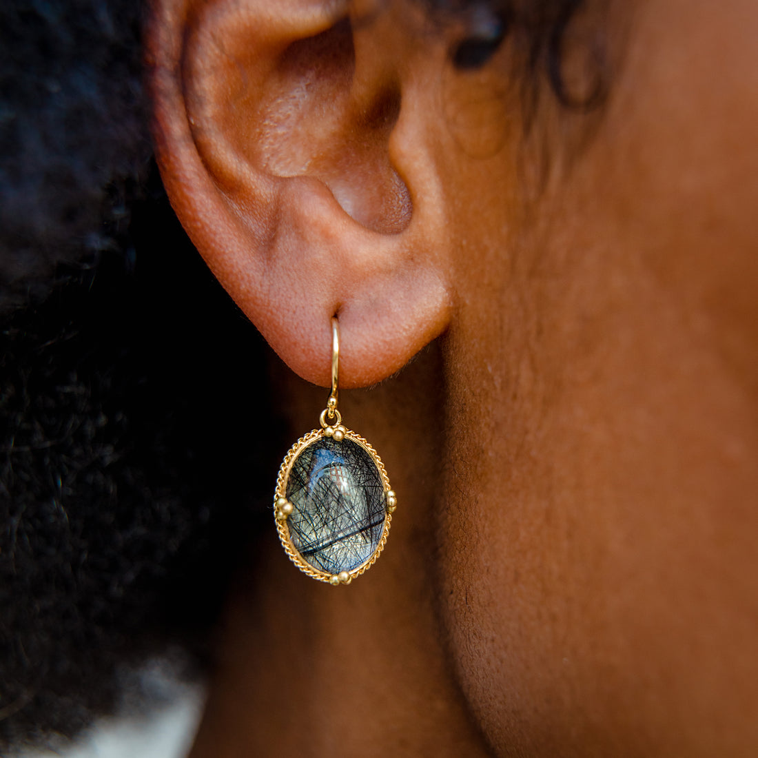 Amali Gold Woven Bezel-Set Smooth Oval Black Tourmilated Quartz Earrings