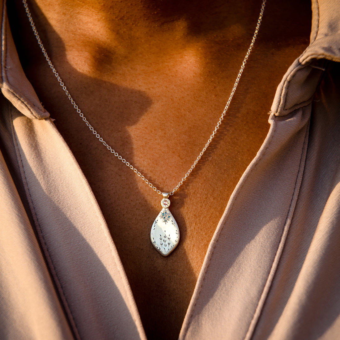Adel Chefridi Silver "Secret Garden" Necklace with Aquamarines & Diamonds