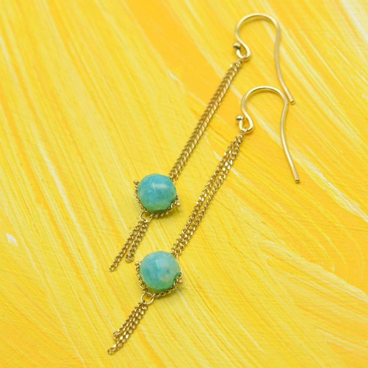 Amali Gold Chain "Textile" Drop Earrings with Amazonite Bead