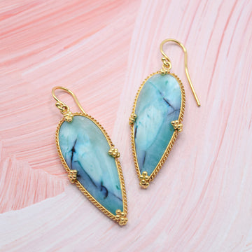 Amali Inverted Teardrop Petrified Wood & Blue Opal Earrings