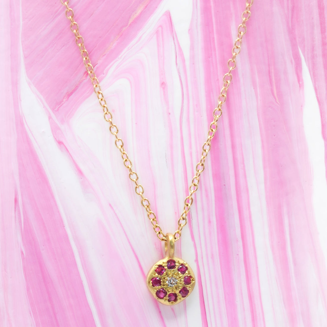 Adel Chefridi Small Gold Charm Necklace with Ruby Halo & Diamond Center