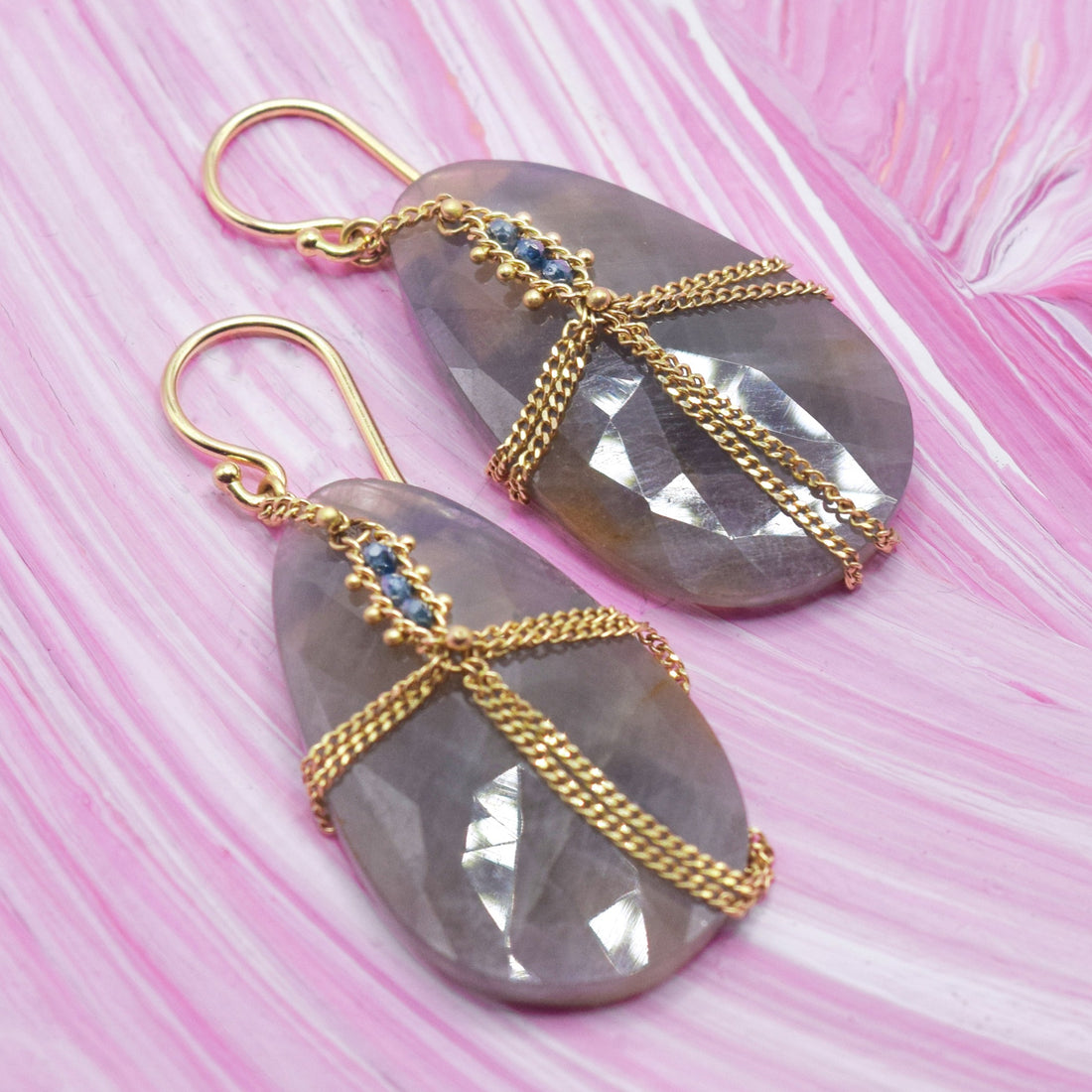 Amali Faceted Grey Sapphire Earrings Draped with Gold Chain & Blue Diamonds