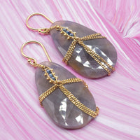 Amali Faceted Grey Sapphire Earrings Draped with Gold Chain & Blue Diamonds