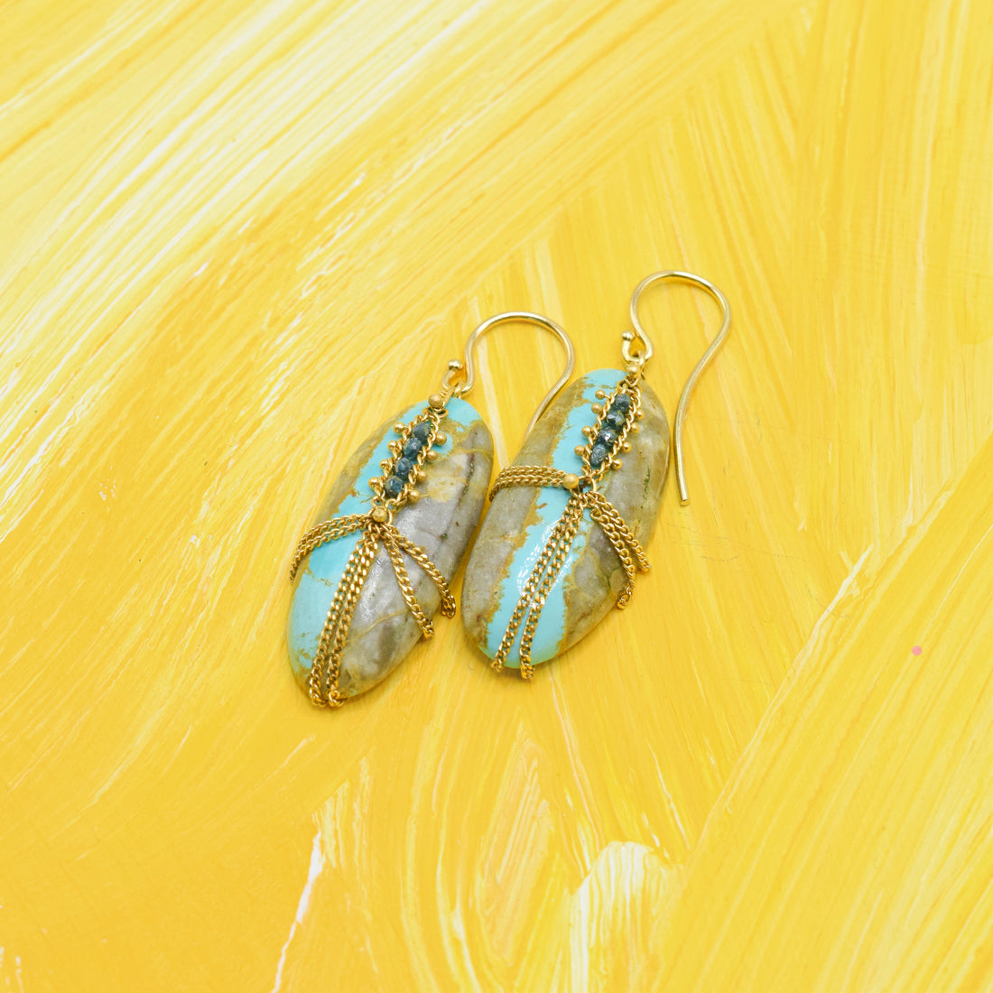 Amali Turquoise Earrings Draped with Gold Chain & Blue Diamonds