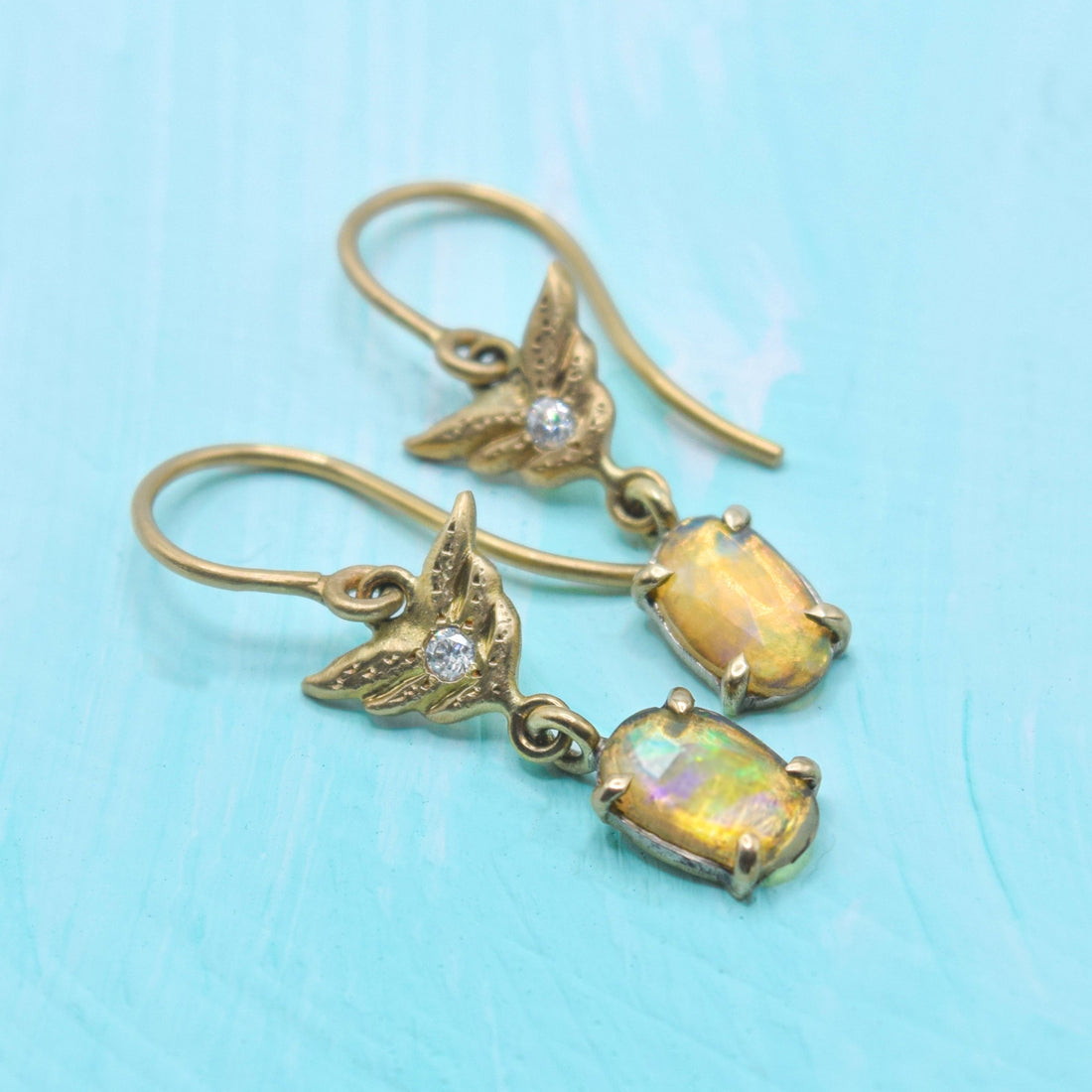 Annie Fensterstock Rose Cut Opal Earrings with Gold & Diamond "Wings"