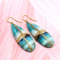 Amali Blue Opal & Petrified Wood Earrings Draped with Gold Chain & Blue Diamonds