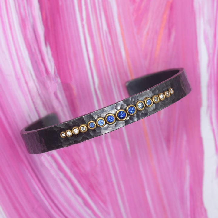 Annie Fensterstock Hammered Blackened Silver Cuff with Ombre Blue Sapphires