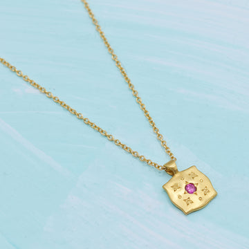 Gold "Pillow" Necklace with Pink Sapphire Center