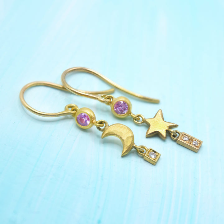Annie Fensterstock "Star & Moon" Bar Earrings with Pink Sapphire & Diamond Details